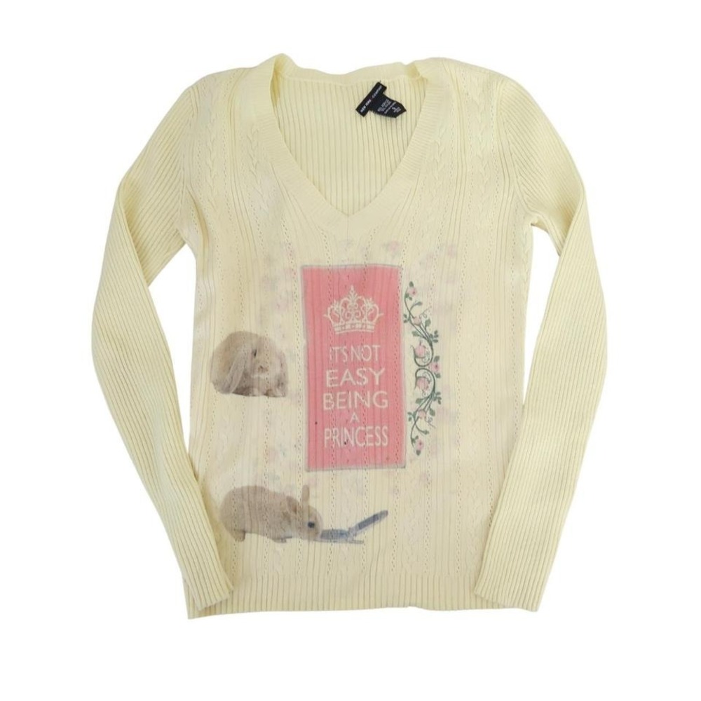 y2k yellow bunny graphic cable knit sweater size S